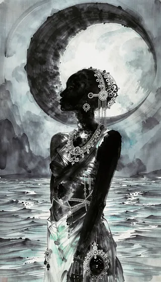 A Black woman adorned with intricate filigree jewelry stands in profile beneath a luminous crescent moon rendered in traditional sumi-e ink wash style with an ocean background.