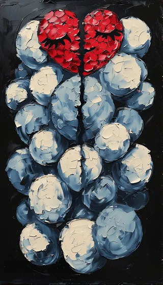 An expressionistic oil painting on black background showing a broken heart in vibrant red with thick impasto texture, above clustered pale bulbous organic shapes in blue-gray and cream tones.