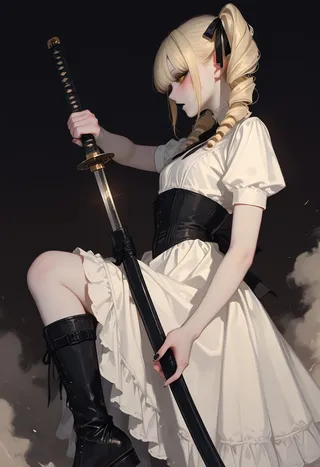 Blonde girl with twin drill hair in a white Victorian dress and black corset, unsheathing a katana, shown in profile with side lighting against a dark background