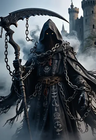 Grim Reaper wearing a detailed black and gray hooded cloak with glowing eyes, draped in heavy chains, holding an ornate scythe, surrounded by mist, in front of an ancient gothic castle.