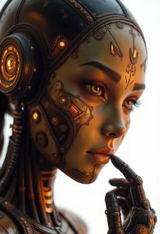 Close-up of an ancient female robot with a futuristic black and gold helmet featuring intricate glowing orange details, touching her lips with a robotic hand against a white background.