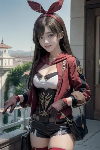 Cosplay of Amber from Genshin Impact with brown hair, red bunny ear headband, red jacket, gloves, shorts, and thigh-high socks, standing outdoors on a balcony.