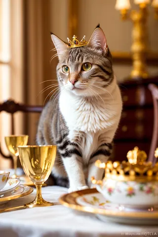 A photorealistic image of a cat wearing a tiny golden crown sitting at a fine dining table set with gold goblets and porcelain plateware in an opulent mansion.