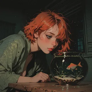 A redhead girl with short auburn hair and freckles wearing a green silk robe leans over a fish bowl feeding a betta fish inside a dimly lit dark apartment.