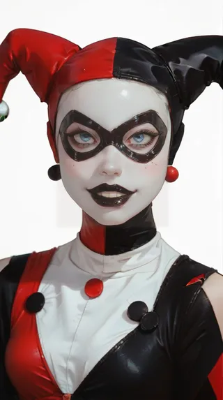 Young woman with blue eyes wearing a red and black jester's cap and black domino mask smiling with black lipstick.