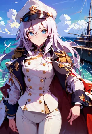 A young woman naval officer with long white hair and blue eyes stands in front of a ship by the ocean, wearing a detailed white military uniform with gold epaulettes and a peaked cap.