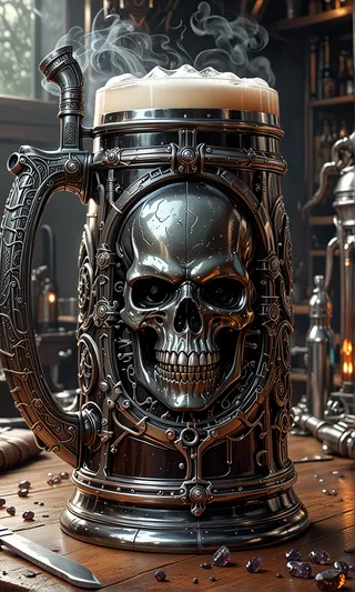 Giger-themed metal beer tankard featuring an intricate skull design, made of smoky quartz with detailed engravings and frothy beer on top.