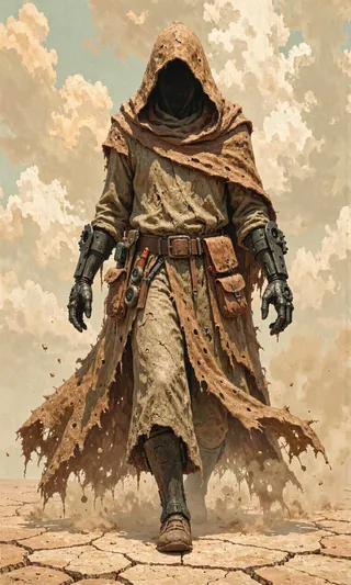 Hooded figure clad in tattered medieval-inspired robes with biomechanical gloves walking on cracked earth in a desolate wasteland under a pale, cloudy sky.