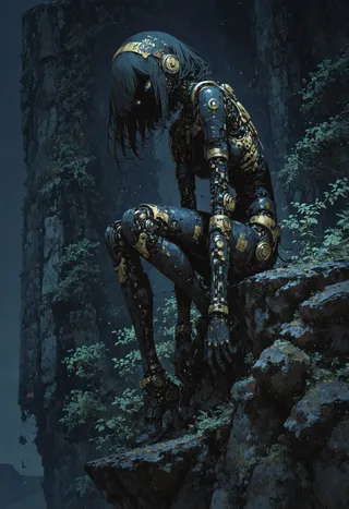 A biomechanical cybernetic girl with detailed blue and black mechanical limbs sits on a rocky cliff surrounded by dark foliage.