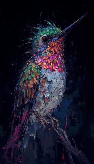 Side profile of a vividly colored cyberpunk hummingbird perched on a branch, featuring thick impasto oil paint textures, iridescent feathers, and neon hues against a dark cyber-noir background.