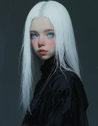 Hyper-realistic oil painting of an albino teen girl with long white hair and glowing blue eyes, dressed in a black cyberpunk mech suit against a dark background.