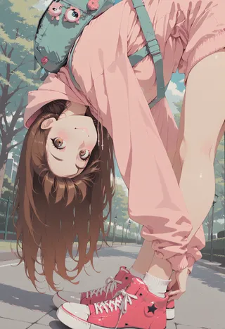 Anime-style girl with long brown hair wearing a pink hoodie and red sneakers bending forward outdoors in a park with trees and a green fence, looking playfully at viewer.