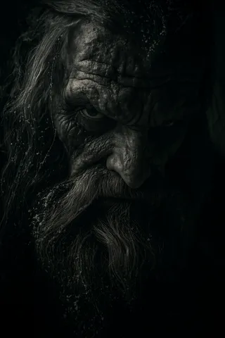 Close-up dark portrait of an old man with a deeply wrinkled face, thick beard, and intense gaze in dramatic lighting.