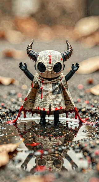 A tiny humanoid figure with raised arms wearing a newspaper-print mask with spiraled horns and blood-like red splatters, standing on a wet asphalt puddle reflecting its image.