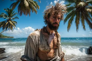 A rugged survivor man with messy hair and ragged clothes holding a coconut stands on a tropical beach with palm trees and ocean waves under a blue sky.