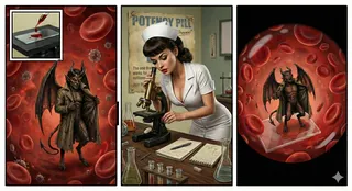A vintage nurse closely examining a devil character under a microscope surrounded by lab equipment and retro posters, with blood cells and virus particles depicted in close-up frames.