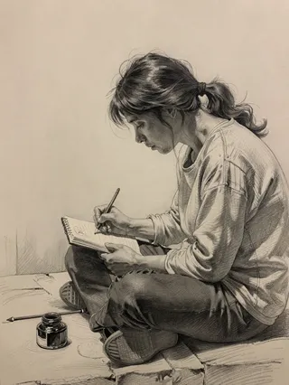 Charcoal drawing of a contemplative artist sitting cross-legged sketching in a notebook with pencil, an inkwell sits nearby on textured paper background.