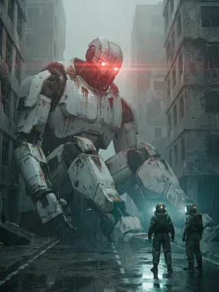 A photorealistic giant titan robot with glowing red sensors sitting incapacitated in a rain-soaked urban ruin, with two hazmat-suited figures observing it under volumetric fog.