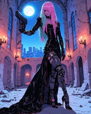 A cyberpunk female character in a black latex gown with a cybernetic leg and pink-blue hair, holding a pistol in a ruined gothic hall under moonlight.