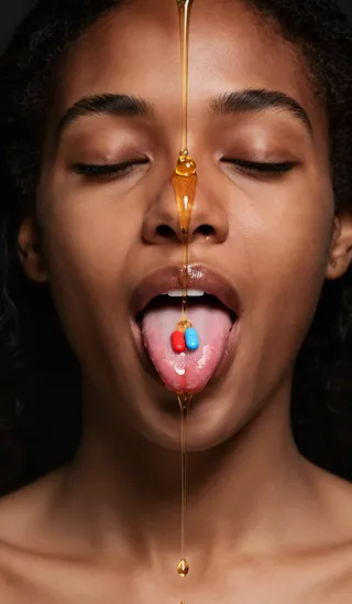 Close-up of a black woman with eyes closed and honey pouring down her face, tongue out holding red and blue pills