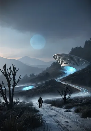A snowy alien landscape with eerie mood featuring small modern futuristic architecture illuminated by glowing blue light under a glowing sky with mist and shadowy creatures.