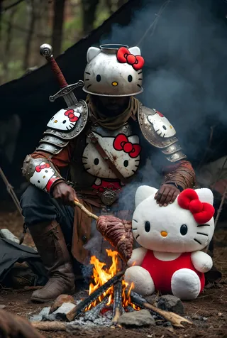 Armored warrior wearing Hello Kitty themed armor and upside-down pot helmet roasting mutton by a campfire next to a large Hello Kitty plush toy.