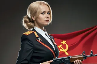 A blonde curly-haired Soviet woman in a formal military uniform holding an AK-47 rifle with the Soviet flag in the background