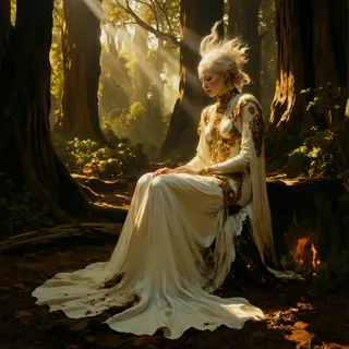 A mature woman with steampunk and bejewelled golden filigree attire sits in a mysterious forest illuminated by sunlight and subtle ground fog.