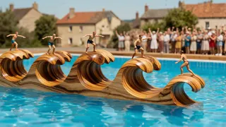Tiny surfers wearing 1950s swimwear pose on crests of intricately carved pine wood waves floating in a swimming pool, with a cheering crowd and town in the background.
