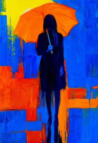 A solitary female figure in dark attire holding a vibrant orange umbrella against a bold blue and orange colourfield style background, her face shadowed.