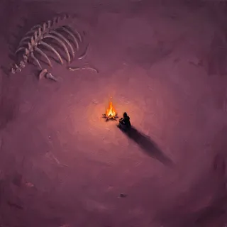 Top-down view of a robed figure sitting by a glowing bonfire in the center of a dark pinkish purple desert, with a large skeleton embedded in the sand at the corner and a long shadow stretching from the figure.