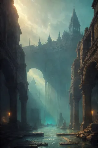 Oil painting of an underwater ancient city with glowing light beams filtering through ruins and tall gothic architecture.