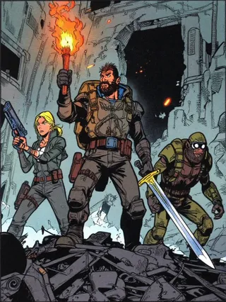 Three grim adventurers stand atop dark debris in an industrial ruin. The bearded warrior holds a burning torch and sword, the blonde scavenger aims a futuristic pistol, and a crouching goggled humanoid lurks nearby.