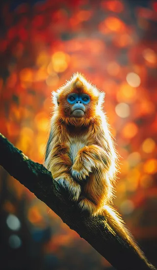 A close-up of a golden snub-nosed monkey with bright saffron fur and electric-blue skin on its face, perched on a mossy branch surrounded by glowing red and orange autumn maple leaves.