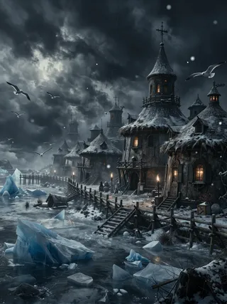 Nordic settlement with icy houses on frozen harbor under stormy dark sky with seagulls flying and snow falling.