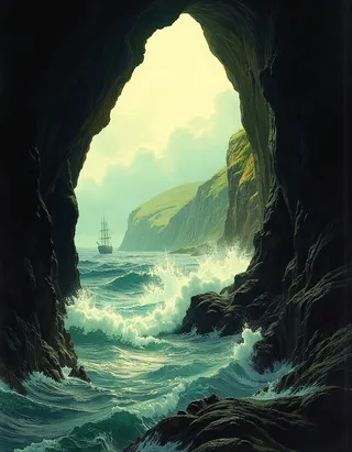 View from inside a dark sea cave looking out to a Nordic coastline with jagged basalt columns, rough blue seas crashing, a shipwreck, and a luminous sky.