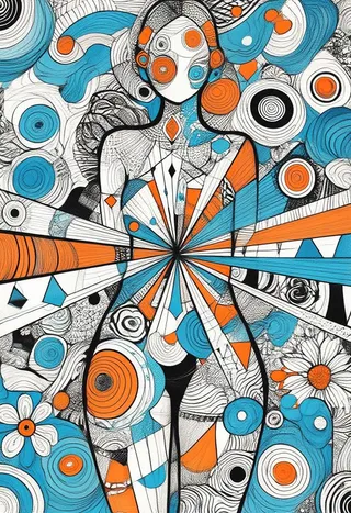 Abstract depiction of a woman formed by intricate geometric patterns in blue, orange, and black, featuring concentric circles, diamonds, and stylized flowers.