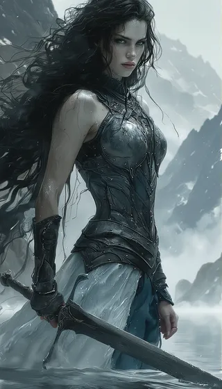Powerful mythical woman with pale skin and wet black hair, wearing a sculpted armored corset, standing waist-deep in a cold, foggy mountain lake while holding a longsword.