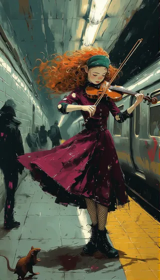 A young female street musician with wild red curly hair, playing a violin passionately on a grimy subway platform, wearing a burgundy vintage dress and combat boots, surrounded by commuters and urban textures.