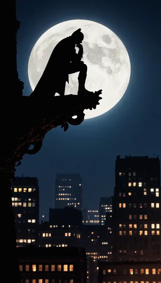 Silhouette of Batman perched on a gothic gargoyle against a luminous full moon over an art-deco cityscape at night.