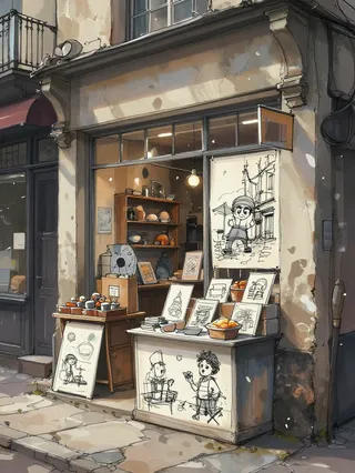 Shopfront displaying whimsical marker sketches on stands and walls, highlighted with sharp contrasts and artistic shadows.