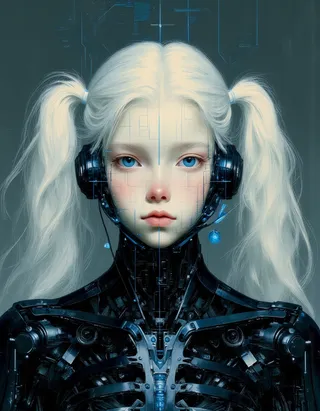 Digital painting of an albino teen cyborg girl with mechanical joints and ribbed chest, white twintails, blue eyes, and a digital facial mapping grid overlay.