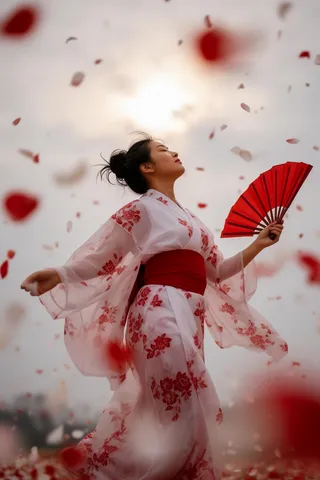 East Asian woman in flowing white kimono with red floral patterns and red obi sash dances with a red folding fan amidst falling red and white petals under soft overcast sky.