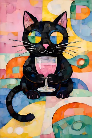 Whimsical black cat with colorful segmented eyes holding a glass of pink drink, set against a vibrant abstract background of geometric and organic shapes.