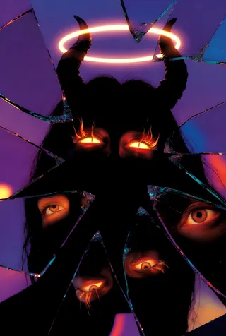 Silhouette with glowing burning eyes, succubus horns, and angel halo reflected in shattered glass shards against a purple background.