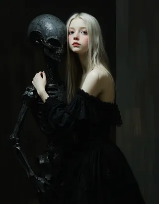 Young pale-skinned girl with long white hair in a black off-shoulder dress hugging a dark, skeletal alien figure, illuminated by spotlight against a dark background.