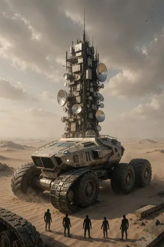 A six-wheeled armored truck with large rugged tires and chain-link treads standing in a desert landscape under a cloudy sky with human figures as dark silhouettes