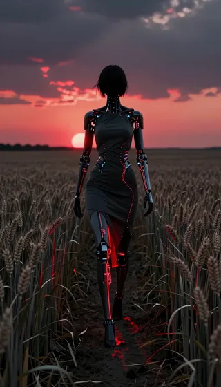 Silhouette of a cyberpunk woman with biomechanical features and glowing LED dress walking through a wheat field during a red neon sunset.