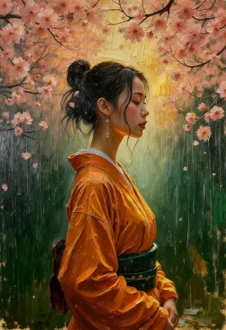A lone female standing in rain beneath pink sakura blossoms, wearing simple Japanese robes, rendered in thick impasto oil painting with vibrant warm tones and detailed brushwork.