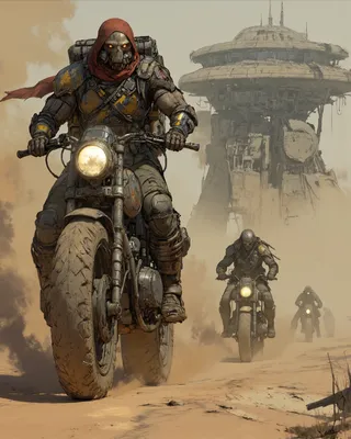 Two heavily armored post-apocalyptic warriors riding rugged motorcycles through a dusty desert wasteland with ruined megastructures in the background.